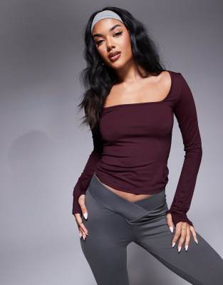 ASOS DESIGN square neck polyamide top with thumb holes in plum Asos Design