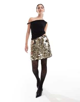 French Connection sequin mini skirt in gold  French Connection