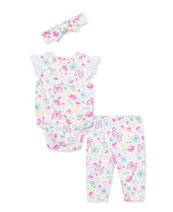 Комплект брюк и боди для маленьких девочек в саду с повязкой на голову Little Me