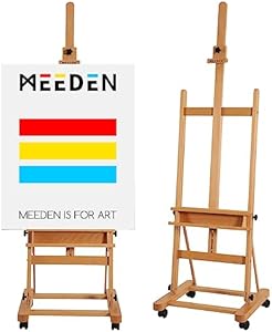 MEEDEN Large Studio Artist Easel, Holds Max Canvas 48", Solid Beech Wood H-Frame Easel with Large Storage Tray, Adjustable Art Paintng Easel, Studio Easel Stand with Wheels for Beginners & Artists MEEDEN