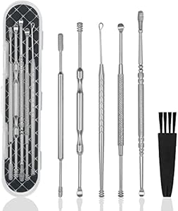 Hion 6 Pcs Ear Wax Removal Kit,Professional Double-Headed Ear Pick Earwax Removal Tools,316L Stainless Steel Ear Cleaner Curette with Cleaning Brush and Storage Box,Suit for Kid Adult(Black) Hion