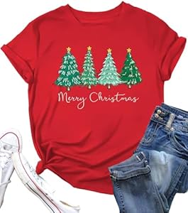 Christmas Tree Shirt for Women Merry Christmas Printed T-Shirts Short Sleeve Holiday Tee Xmas Gift Tops PECHAR