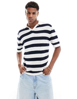 Selected Homme camp collar crochet polo in navy stripe  Selected