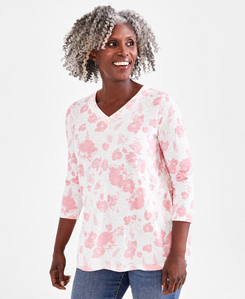Petite Tonal Floral 3/4-Sleeve V-Neck Tunic, Created for Macy's Style & Co