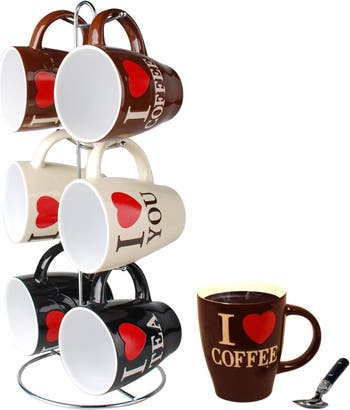 I Love Coffee 6-Piece Mug Set with Stand HOME BASICS