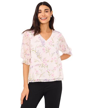 Женская блузка с v-образным вырезом и рукавами 3/4 с цветочным принтом и оборками CeCe