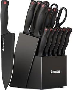 Astercook 15 Piece Knife Set with Sharpener Block - German Stainless Steel, Dishwasher Safe Kitchen Knives with Built-In Sharpener, Black Astercook