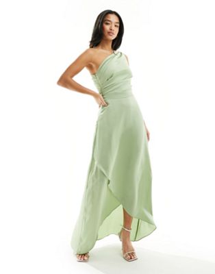 TFNC Petite Bridesmaid Satin one shoulder maxi dress with wrap skirt in sage TFNC