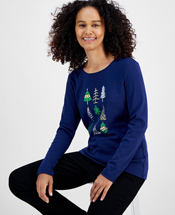 Women's Festive Tree Long-Sleeve Top, Created for Macy's Holiday Lane