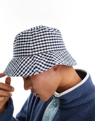French Connection Bucket Hat in navy and white gingham check French Connection