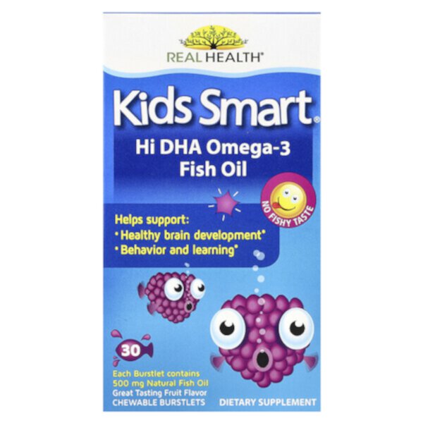 Kids Smart, Рыбий жир с высоким содержанием ДГК и Омега-3, фруктовый вкус, 30 жевательных таблеток Bioglan