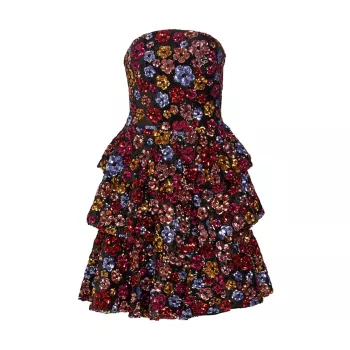 Коктейльное мини-платье из тюля с цветочным букетом и пайетками Marchesa Notte