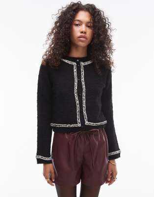 Mango contrast trim knitted cardigan in black Mango