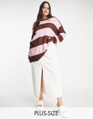 Daisy Street Plus oversized open knit sweater in brown pink stripe Daisy Street Plus