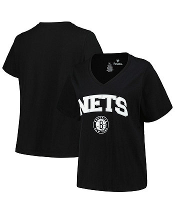 Women's Black Brooklyn Nets Plus Size Arch Over Logo V-Neck T-shirt Profile
