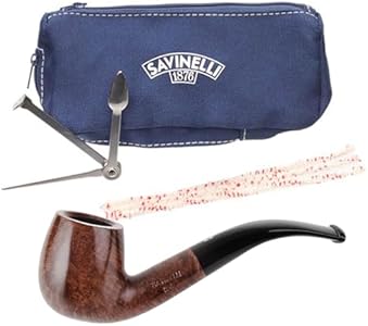 Savinelli One Kit - Briar Pipe Set: Wood Pipe Tools, Zipper Pouch, Briar Pipe, Pipe Cleaners, Czech Pipe Tool, Polished Bent Billiard Briar Pipe, Made in Italy, Polished Finish, 601 Savinelli