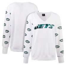 Women's Cuce White New York Jets Sequin Fleece V-Neck T-Shirt Cuce