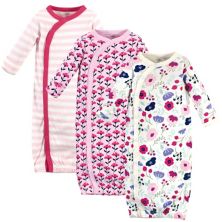 Touched by Nature Baby Girl Organic Cotton Side-Closure Snap Long-Sleeve Gowns 3pk, Pink Botanical, Preemie Touched by Nature