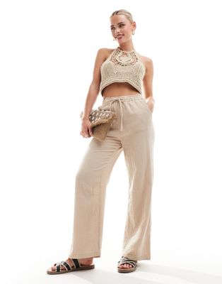 ONLY Petite cheesecloth wide leg pants in beige  ONLY