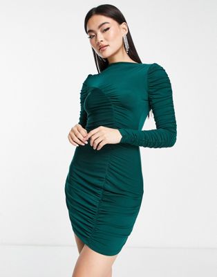 Trendyol long sleeve body-conscious dress with asymmetric stitching in emerald green TRENDYOL