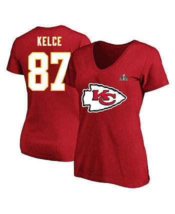 Женская красная футболка Travis Kelce Kansas City Chiefs Super Bowl LVIII с именем и номером и v-образным вырезом Fanatics