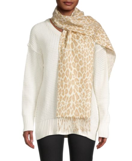 Кашемировый шарф с леопардовым принтом и бахромой Saks Fifth Avenue