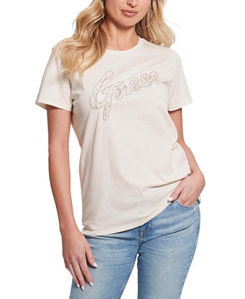 Женская хлопковая футболка Easy с короткими рукавами и кружевным логотипом GUESS