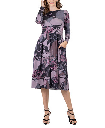 Женское плиссированное платье миди с карманами и длинными рукавами с цветочным принтом 24Seven Comfort