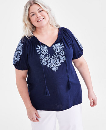 Plus Size Embroidered Peasant Top, Created for Macy's Style & Co