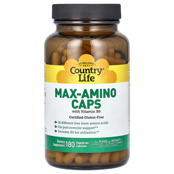 Max-Amino Caps с витамином B-6, 180 вегетарианских капсул Country Life