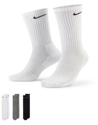 Nike Training Everyday Cushioned 3 pack crew sock in white, gray and black Nike