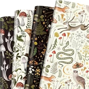 Bolsome 12 Sheets Mushroom Wrapping Paper Black White Insect Berry Squirrel Owl Mushroom Gift Wrap Paper Retro Forest Art Craft Paper for Birthday Baby Shower Wrapping Supplies, 19.7 × 27.5 Inch Bolsome