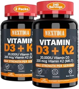 Vitamin D3 20,000 IU + Vitamin K2( MK7 )200mcg - Optimal Vitamin D3 & K2 Softgel - Strong Bones & Muscle, Calcium Absorption & Immune Support, Helping Vitamin D Deficiencies, Easy to Swallow, Non GMO Nextdia