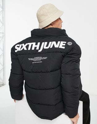 Sixth June oversized backprint puffer jacket in black Sixth June
