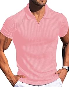 Mens V Neck Muscle Polo Shirts Slim Fit Short Sleeve Zipper Ribbed Polo T Shirt Stretch Golf Tees Vuiosrx