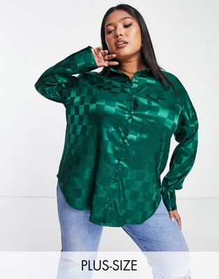 Lola May Plus oversized satin shirt in green plaid Lola May Curve