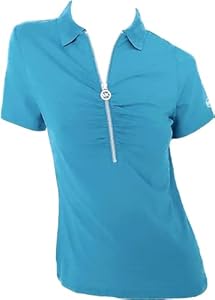 Michael Kors Womens Short Sleeve Shirt Silver Zipper MK Logo Brt Cyan Blu (XS), X-Small, Blue MICHAEL Michael Kors