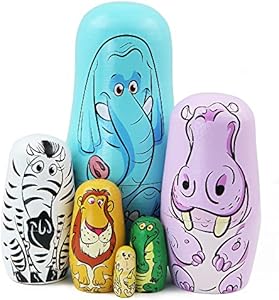 Winterworm Set of 6 Animal Nesting Dolls Elephant Hippo Zebra Lion Crocodile Monkey Matryoshka Russian Nesting Dolls Kids Stacking Toys for Home Decor New Year Birthday Party Decoration Gift Winterworm