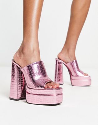 Эксклюзивные сандалии-мюли на платформе Daisy Street с розовым крокодиловым эффектом металлик Daisy Street
