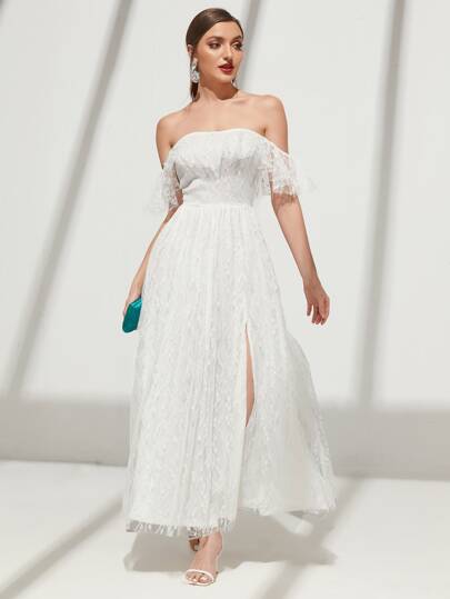 SHEIN Свадебное платье с открытыми плечами с оборкой с разрезом кружевной SHEIN