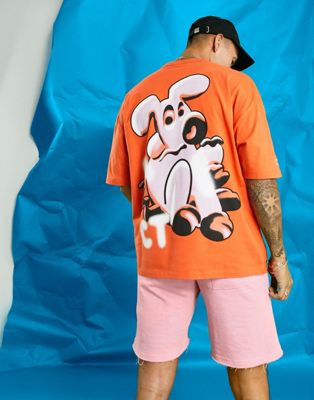 Crooked Tongues oversized t-shirt with spray paint dog back print in orange Crooked Tongues