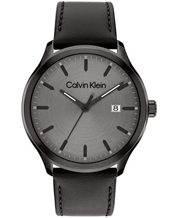 Мужские кварцевые часы 3H с черным кожаным ремешком 43 мм Calvin Klein