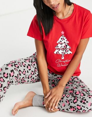 Поношенная рождественская длинная пижама с леопардовым принтом, красно-серая Threadbare