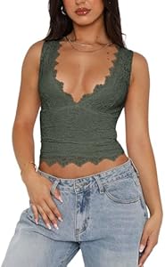 Женская Майка REORIA REORIA Sexy V-Neck Sleeveless Double Lined Going Out Y2K Trendy Lace Cropped Tank Tops REORIA