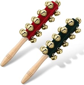 Cindeer 2 Pcs Christmas Hand Sleigh Bells Wooden Handle Jingle Bells Musical Bell Instruments Shaker Rattle Musical Percussion Instrument for Xmas Holiday Wedding Birthday Party Favors (21 Bells) Cindeer