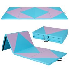 4-panel Pu Leather Folding Exercise Gym Mat With Hook And Loop Fasteners-Pink & Blue Slickblue