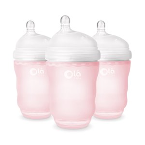 Olababy Gentle Silicone Baby Bottle, Anti-Colic, BPA free, Easy to Clean and Wide Neck Baby Bottles Best for Breast Feeding Babies (8 Ounce 3PK, Rose) Olababy