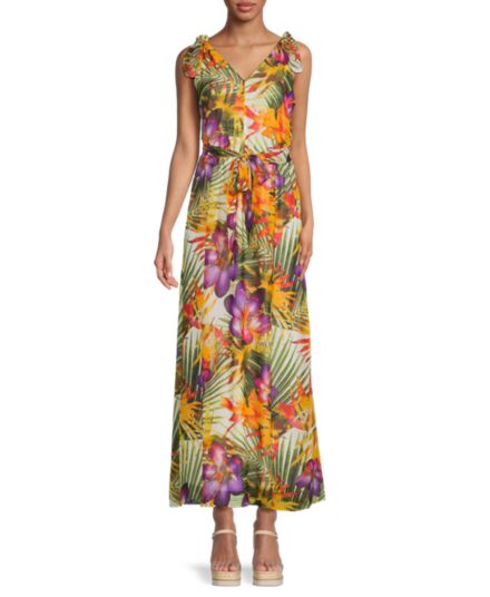 Платье макси с поясом и цветочным принтом Donna Ricco