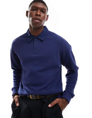 Another Influence textured interlock button detail rugby shirt in navy Another Influence