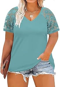 DOLNINE Plus-Size-Tops for Women Summer V Neck Casual Shirts Lace Short Sleeve Tees DOLNINE